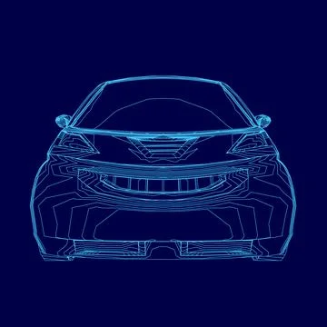 Blue car with a smiling face drawn on it. The car is a futuristic design and he Stock Illustration