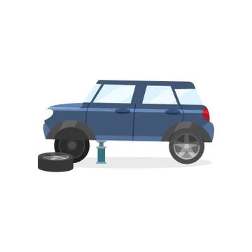 Blue car standing on jack without one wheel, changing tire. Passenger vehicle Illustrazione stock