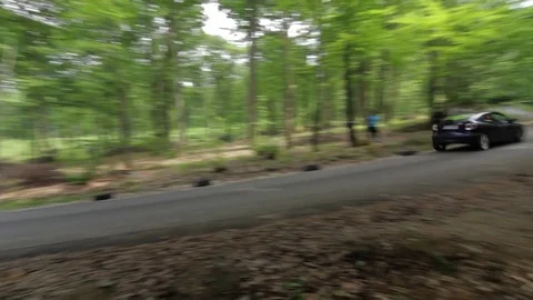 Blue car thrusts through the young beech forest Stock Footage 83052086