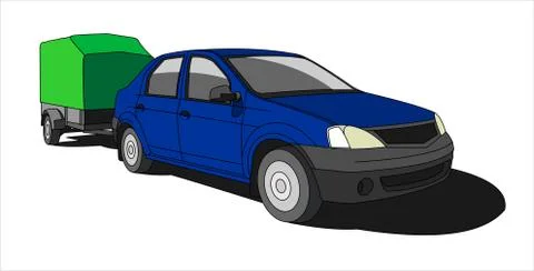 Blue Car With Trailer, Front view, Three-quarter view. Stock Illustration