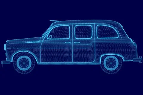 Blue car wireframe. The car is old and has a vintage look Stock Illustration