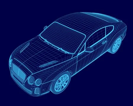 Blue car wireframe. The car is shown in a 3D format Stock Illustration