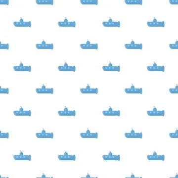 Blue cartoon submarine seamless pattern on white background Stock Illustration