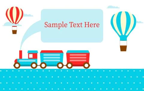 Blue cartoon toy train with empty speech bubble text template and hot air Illustrazione stock