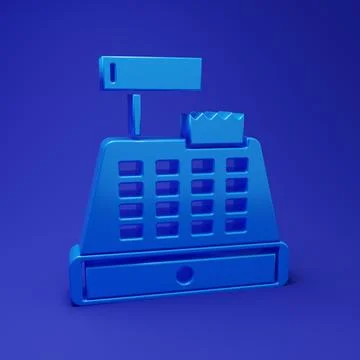 Blue Cash register machine with a check icon isolated on blue background. C.. Stock Illustration