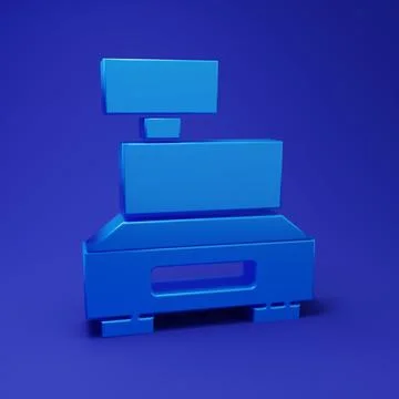 Blue Cash register machine with a check icon isolated on blue background. C.. Stock Illustration
