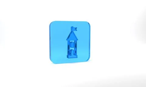 Blue Castle tower icon isolated on grey background. Fortress sign. Glass square Stock Illustration