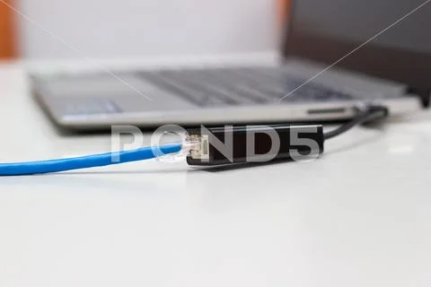Blue CAT 6E UTP CABLE Connect to Port USB (Device USB To Lan) Stock Photos