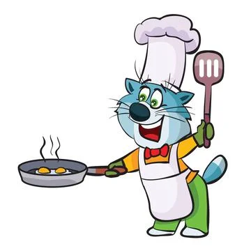 Blue cat in a chef's hat and apron holds a frying pan with hot food and a spa Illustrazione stock