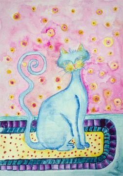 Blue cat with curly tail on sitting on a carpet Stock Illustration