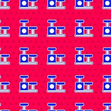 Blue Cat scratching post with toy icon isolated seamless pattern on red backg Stock Illustration