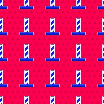 Blue Cat scratching post with toy icon isolated seamless pattern on red backg Stock Illustration