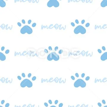 Seamless pattern, cat faces and paw prints on a white background