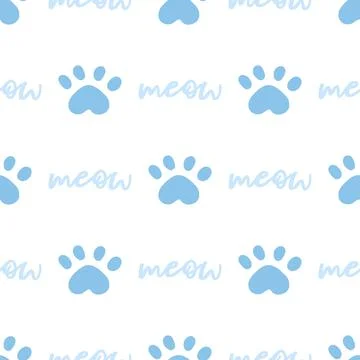 Blue cat seamless pattern. Meow and cat paws background vector illustration Illustrazione stock