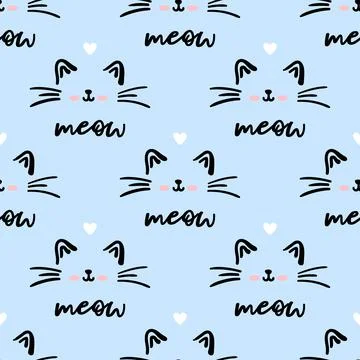 Blue cat seamless pattern. Meow and cat paws background vector illustration Stockillustratie