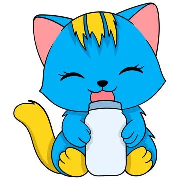 Blue cat is sitting drinking pure cow milk Stock Illustration