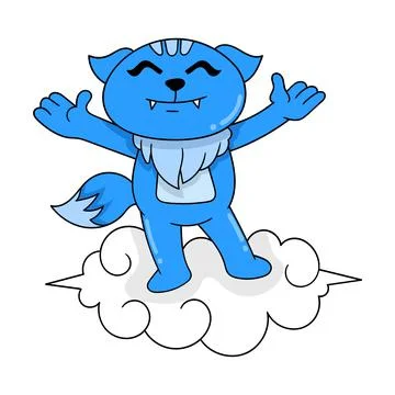 Blue cat standing in the cloud celebrating spring, doodle icon image kawaii Stock Illustration