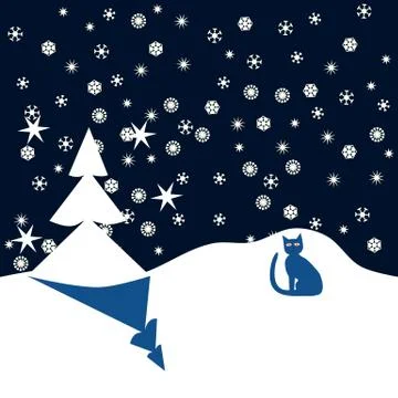 Blue cat in winter night when snowing Stock Illustration
