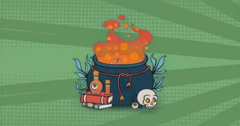 Blue cauldron emitting orange-red flame with eye in comic set with books potions Stock Illustration