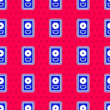 Blue CD disk award in frame icon isolated seamless pattern on red backgroun.. Stockillustratie