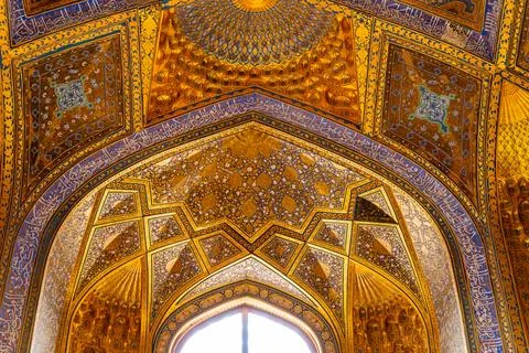 Blue ceiling at the Guri Amir or Gur Emir is a mausoleum of the Mongol conq.. Stock Photos
