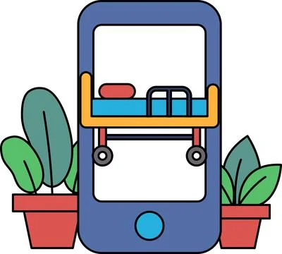 A blue cell phone with a bed and wheeled hospital bed on the screen Stock Illustration