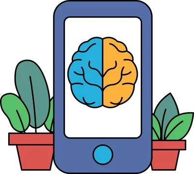 A blue cell phone with a brain on the screen 스톡 일러스트