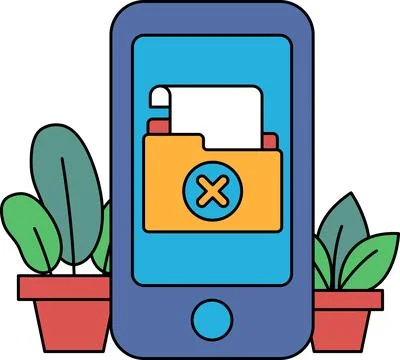 A blue cell phone with a yellow folder icon and an X on it Illustrazione stock