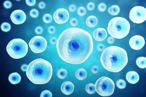 Blue cell under microscope. Life and biology, medicine scientific, molecular Illustration