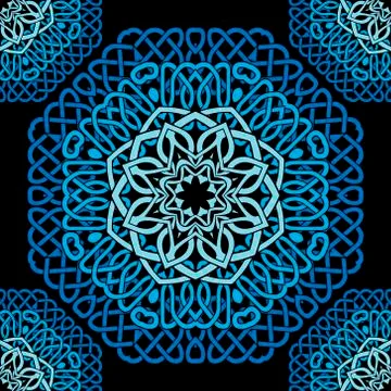 Blue celtic mandalas seamless pattern. Vector lines background. Repeat line a Illustrazione stock