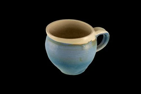 Blue Ceramic Coffee Mug With Handle On Black Background, Rustic Handmade Po.. Stock Photos