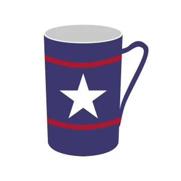 Blue ceramic cup with handle, red strips and white star. Stock Illustration