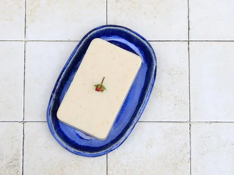 Blue Ceramic Soap Dish with Natural Soap Minimal Still Life 写真素材