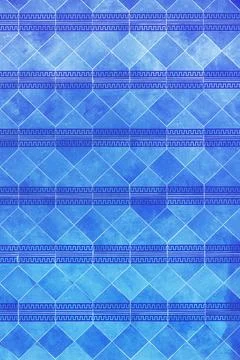 Blue ceramic tiles with Greek pattern as abstract background Stock Photos