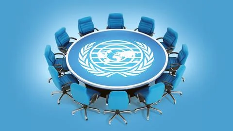 Blue chairs around round table with world and laurels symbol. 3D illustration Stock Illustration