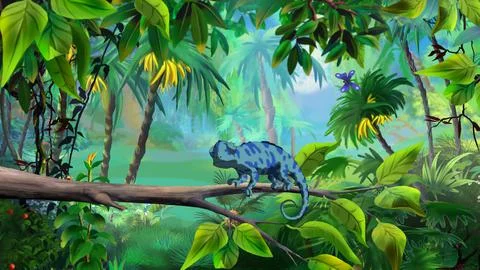 Blue chameleon in the rainforest 스톡 일러스트