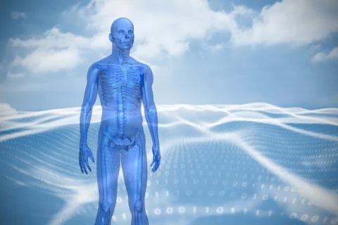 Blue character against digitally generated binary code landscape Stock Illustration