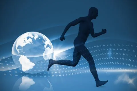 Blue character running against digital earth background Stock Illustration
