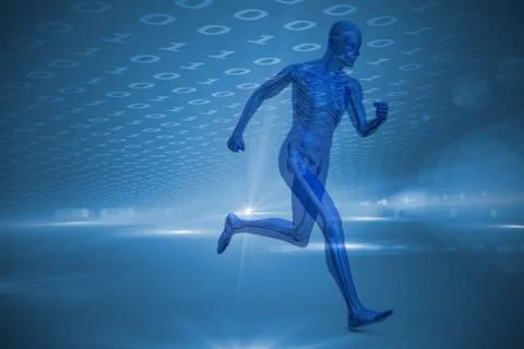Blue character running against technical background with binary code Stock Illustration