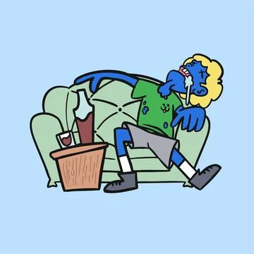 Blue character wasted in a couch with an drink beside him cool cartoon for .. Stock Illustration