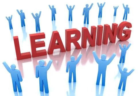 Blue characters round the word learning in red color isolated on white Stock Illustration