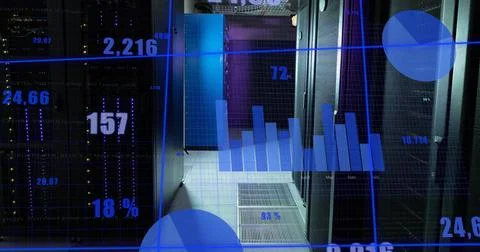 Blue charts and graphs processing data over glowing servers in dark computer 스톡 사진