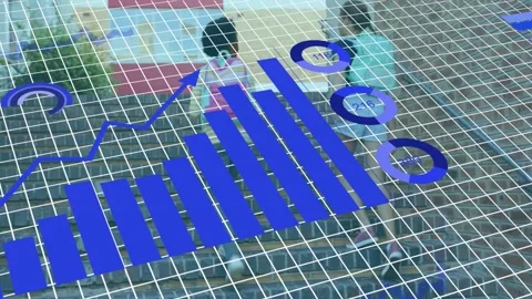 Blue charts rising on grid visualizing school data, students with backpacks Stock Footage 334322007