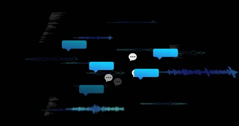 Blue chat bubbles clustering and waveform pulsing after bubble appearing to Stock Footage 314659410