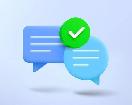 Blue chat clouds with green checkmark. 3d vector icon Stock Illustration