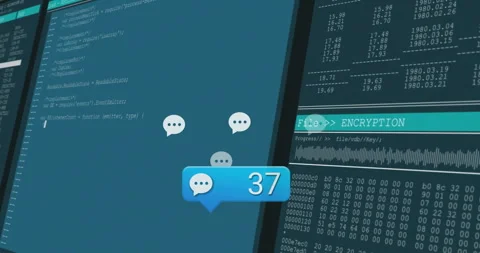 Blue chat notification bubble displaying 43 over split screens showing code and Stock Footage 307550506