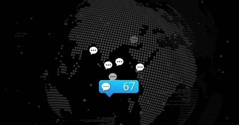 Blue chat notification bubble showing 67 floating over dotted Earth in data UI, Foto stock