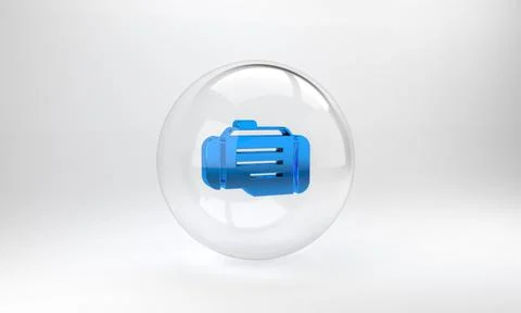 Blue Check engine icon isolated on grey background. Glass circle button. 3D r Stock Illustration