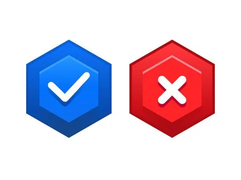 Blue Check Mark and Red Cross Hexagon Buttons for Confirmation and Error Stock Illustration