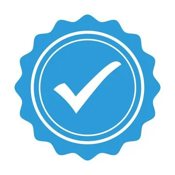 Blue check mark badge with white outline and serrated edge tick emblem seal Illustrazione stock